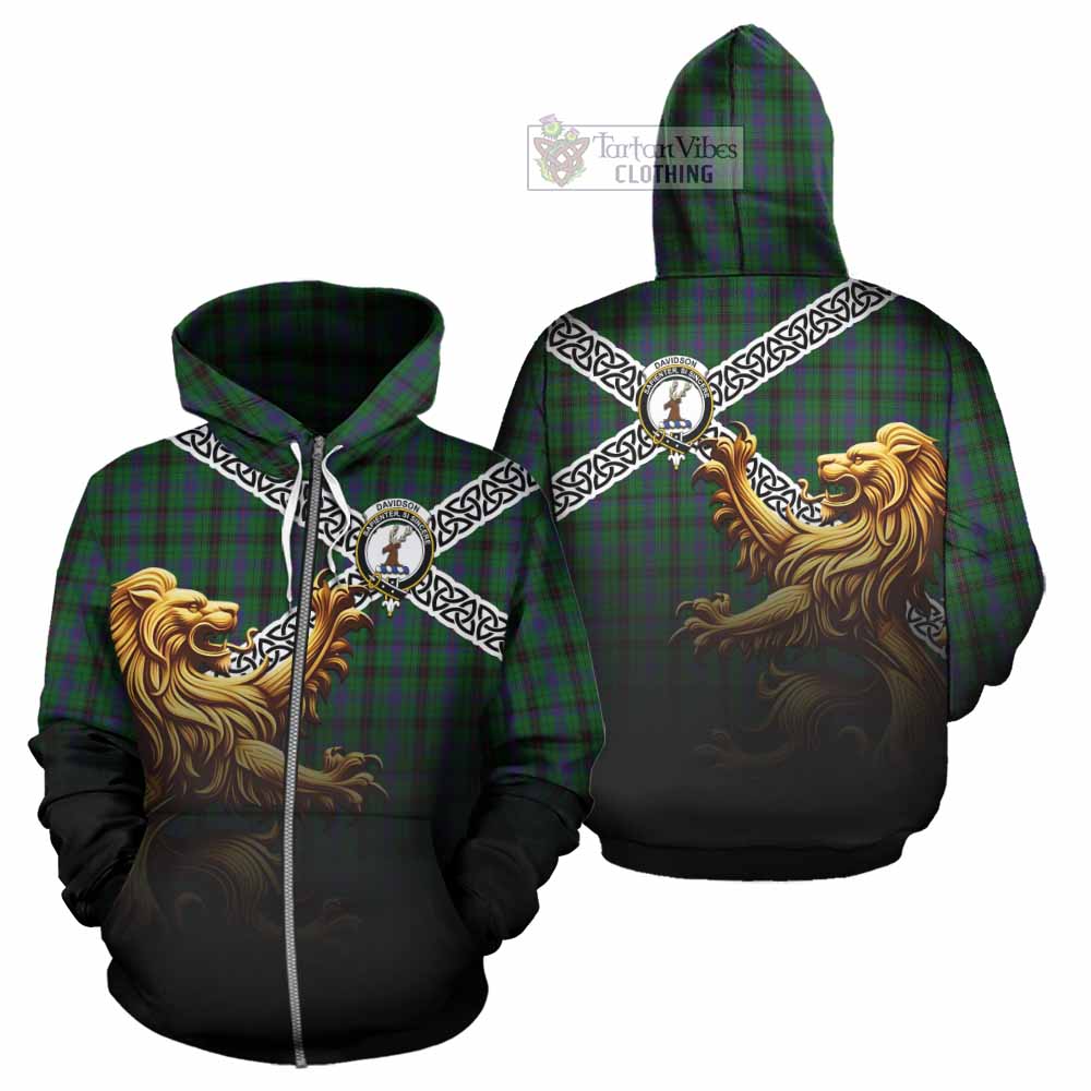 Tartan Vibes Clothing Davidson Crest Tartan Hoodie with Golden Lion Emblem Celtic Style