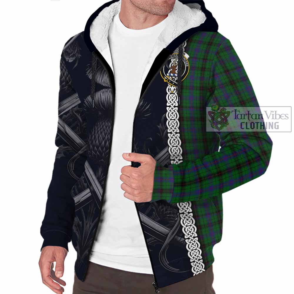 Tartan Vibes Clothing Davidson Tartan Sherpa Hoodie with Family Crest Cross Sword Thistle Celtic Vibes