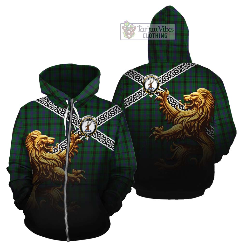 Tartan Vibes Clothing Davidson Crest Tartan Cotton Hoodie with Golden Lion Emblem Celtic Style