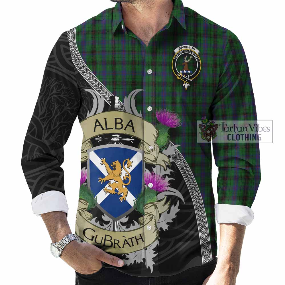 Tartan Vibes Clothing Davidson Tartan Family Crest Long Sleeve Button Shirt Lion Rampant Royal Thistle Shield Celtic Inspired