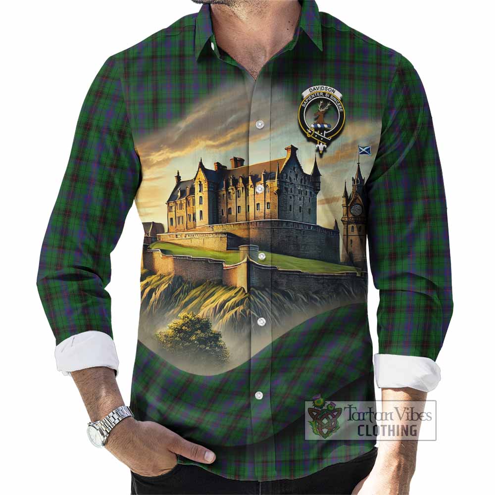 Tartan Vibes Clothing Davidson Tartan Family Crest Long Sleeve Button Shirt with Scottish Ancient Castle Style