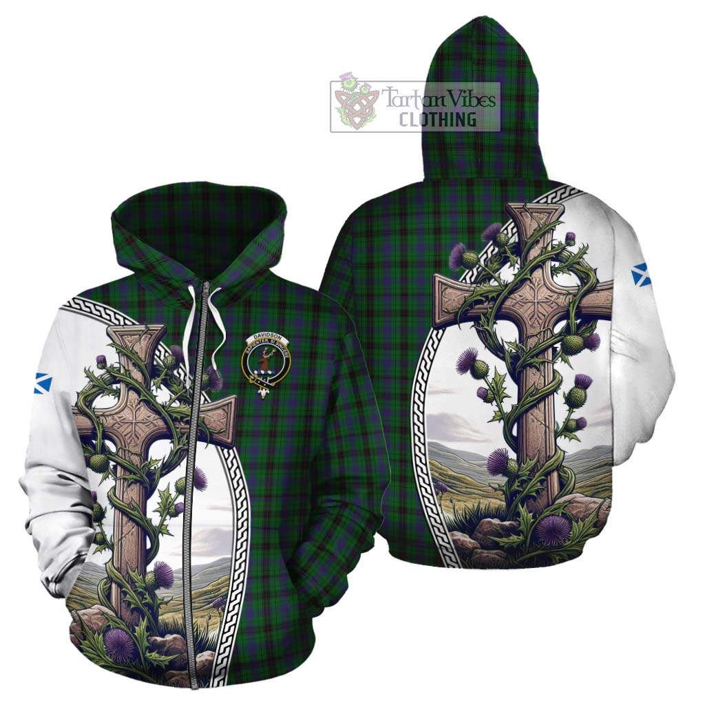 Tartan Vibes Clothing Davidson Tartan Cotton Hoodie with Family Crest and St. Andrew's Cross Accented by Thistle Vines
