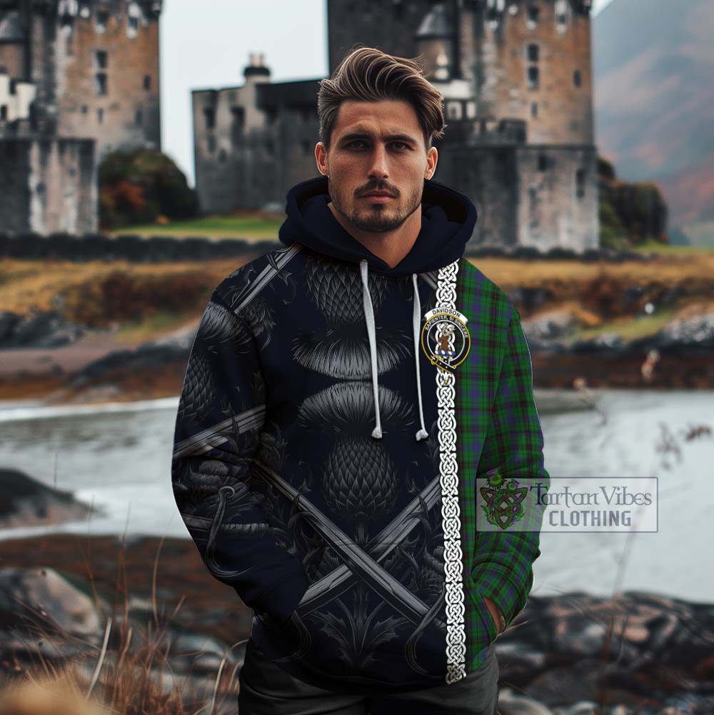 Tartan Vibes Clothing Davidson Tartan Cotton Hoodie with Family Crest Cross Sword Thistle Celtic Vibes