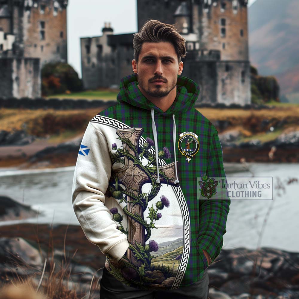 Tartan Vibes Clothing Davidson Tartan Cotton Hoodie with Family Crest and St. Andrew's Cross Accented by Thistle Vines