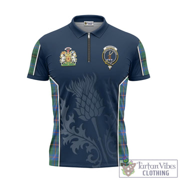 Davidson Ancient Tartan Zipper Polo Shirt with Family Crest and Scottish Thistle Vibes Sport Style