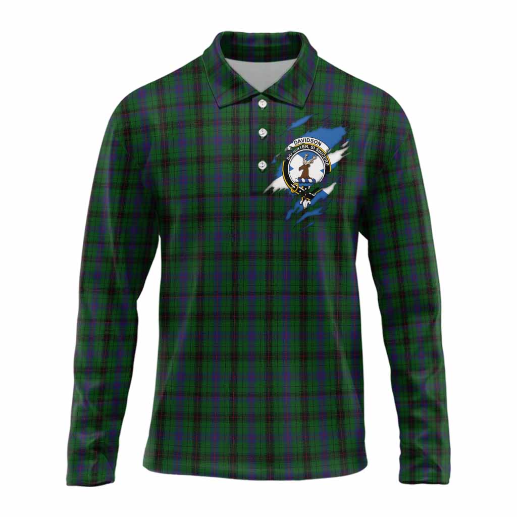 Davidson Clan Crest In Me Tartan Long Sleeve Polo Shirt Scotland Flag Style