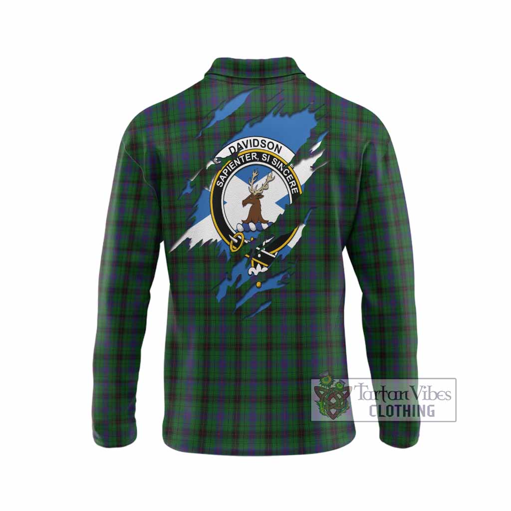 Davidson Clan Crest In Me Tartan Long Sleeve Polo Shirt Scotland Flag Style