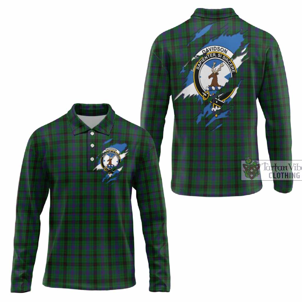 Davidson Clan Crest In Me Tartan Long Sleeve Polo Shirt Scotland Flag Style