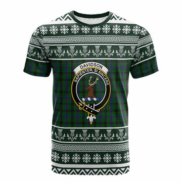 Davidson Clan Tartan Christmas Cotton T-shirt with Family Crest