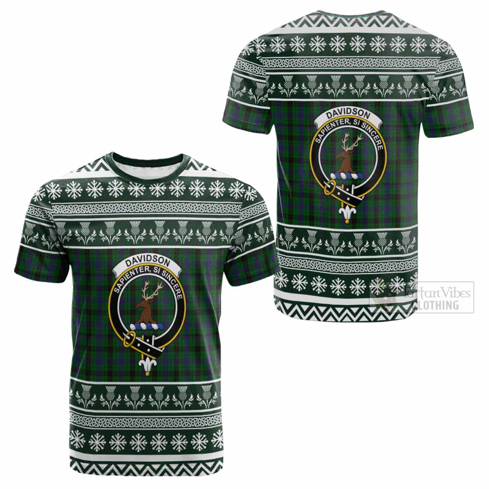Davidson Clan Tartan Christmas Cotton T-shirt with Family Crest - Tartan Vibes Clothing