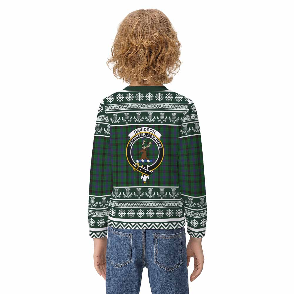 Davidson Clan Tartan Christmas Kid Ugly Sweatshirt with Family Crest - Tartan Vibes Clothing