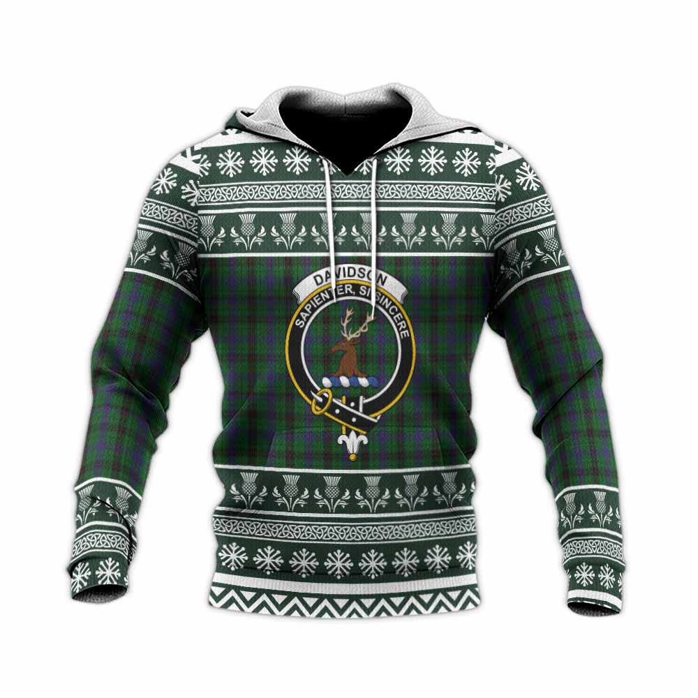 Davidson Clan Tartan Christmas Knitted Hoodie with Family Crest - Tartan Vibes Clothing