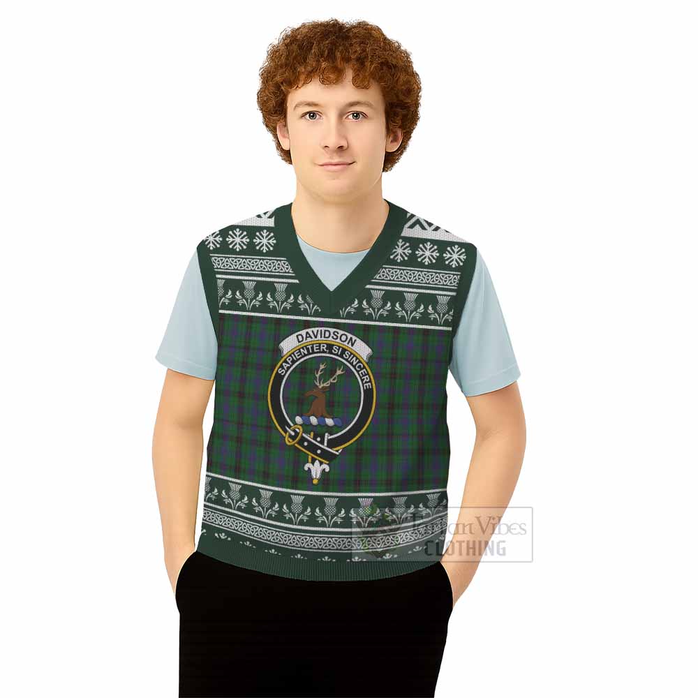 Davidson Clan Tartan Christmas Knitted V-Neck Vest with Family Crest - Tartan Vibes Clothing