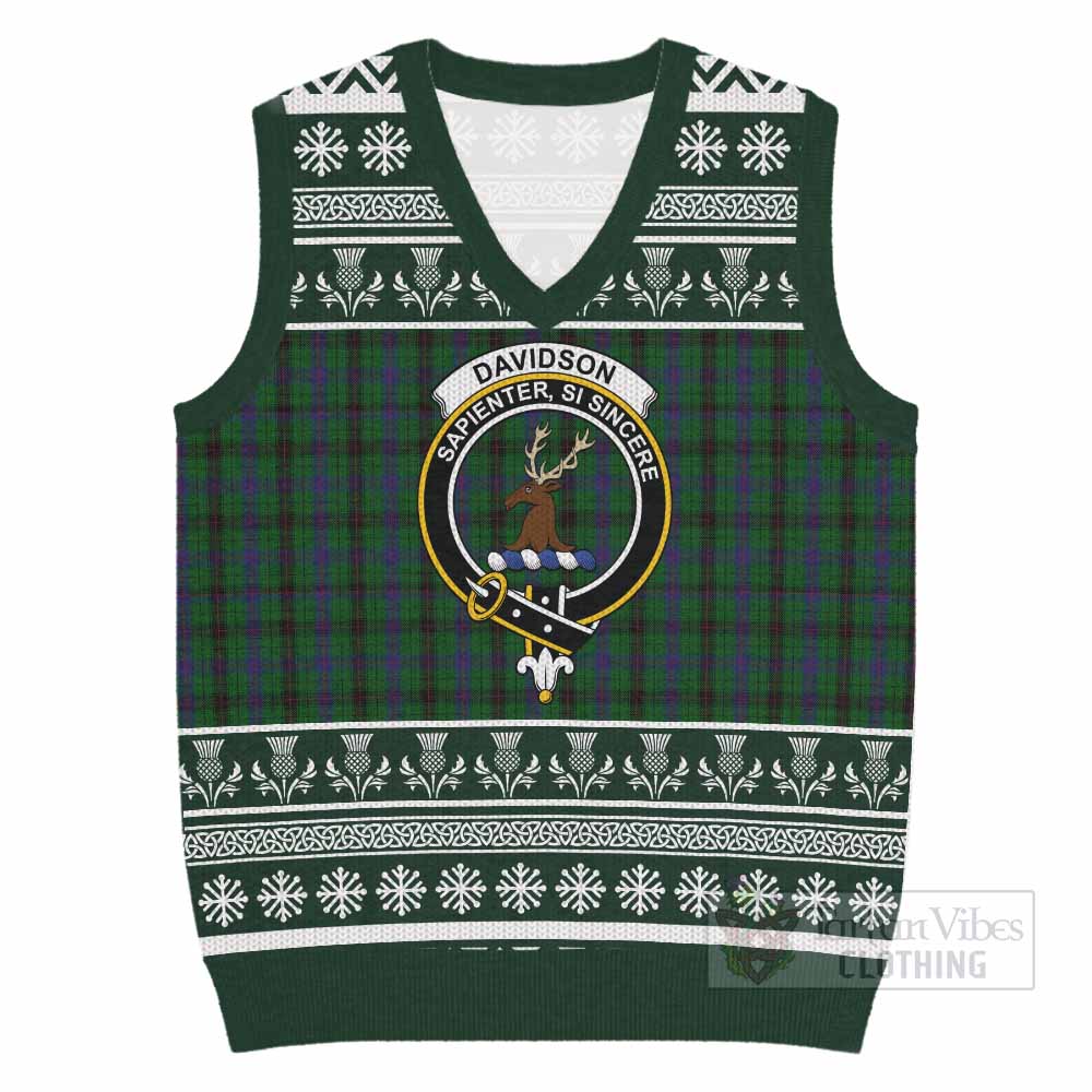 Davidson Clan Tartan Christmas Knitted V-Neck Vest with Family Crest - Tartan Vibes Clothing