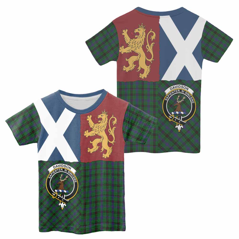 Davidson Crest Tartan Kid T-shirt with Lion Rampant Saltire Style - Tartan Vibes Clothing
