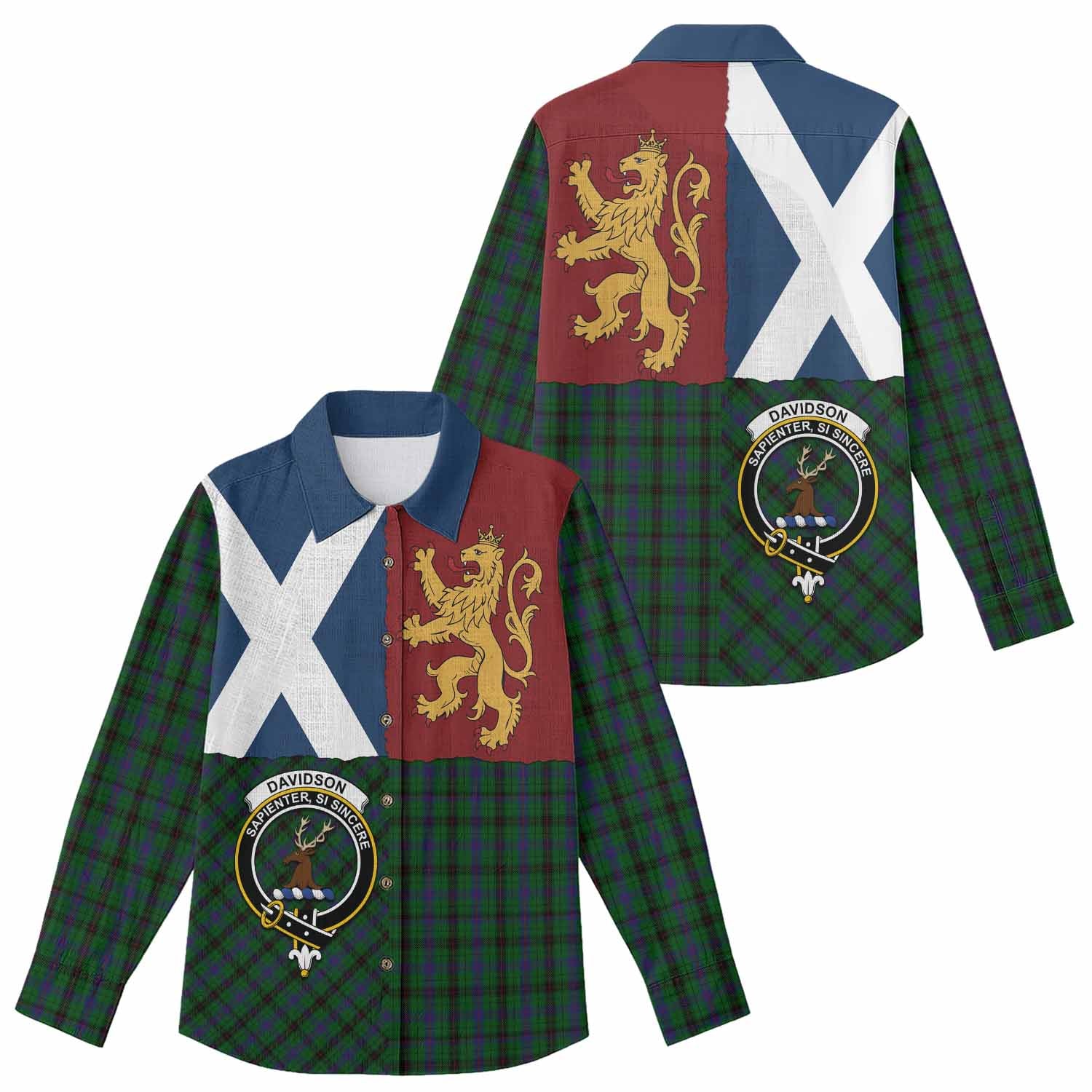 Davidson Crest Tartan Women Casual Shirt with Lion Rampant Saltire Style