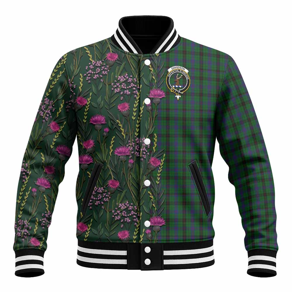 Davidson Family Crest Tartan Baseball Jacket Scottish Thistle Flower Pattern Half Style - Tartan Vibes Clothing