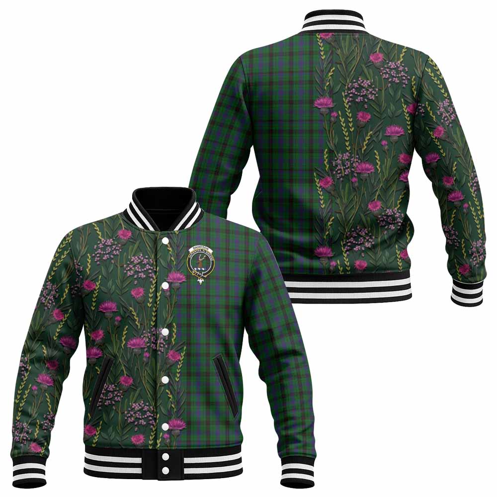 Davidson Family Crest Tartan Baseball Jacket Scottish Thistle Flower Pattern Half Style - Tartan Vibes Clothing