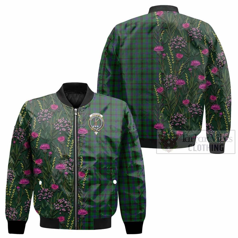 Davidson Family Crest Tartan Bomber Jacket Scottish Thistle Flower Pattern Half Style - Tartan Vibes Clothing