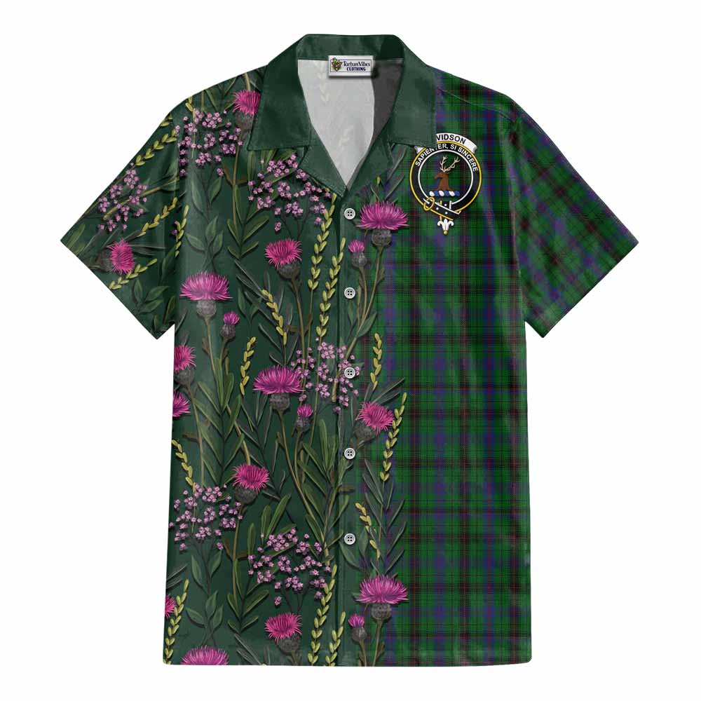 Davidson Family Crest Tartan Cotton Hawaiian Shirt Scottish Thistle Flower Pattern Half Style - Tartan Vibes Clothing