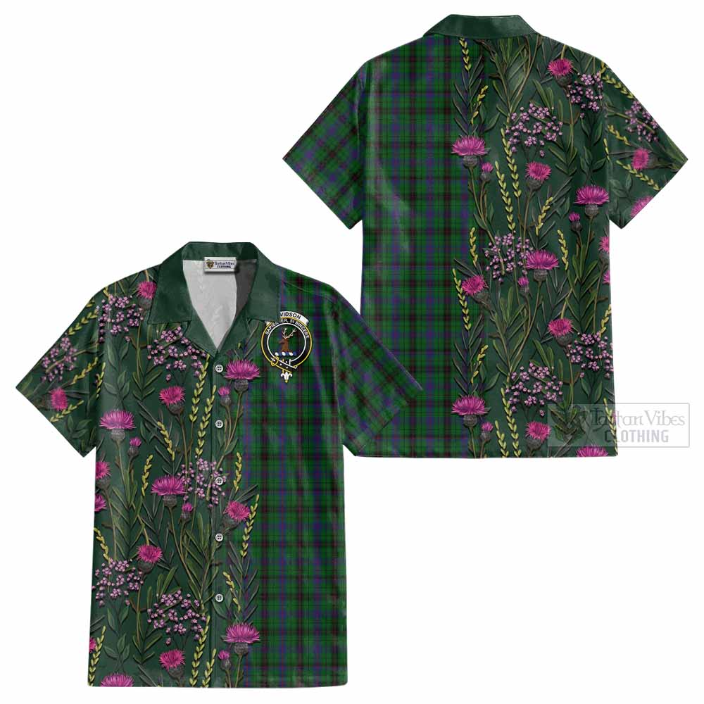 Davidson Family Crest Tartan Cotton Hawaiian Shirt Scottish Thistle Flower Pattern Half Style - Tartan Vibes Clothing