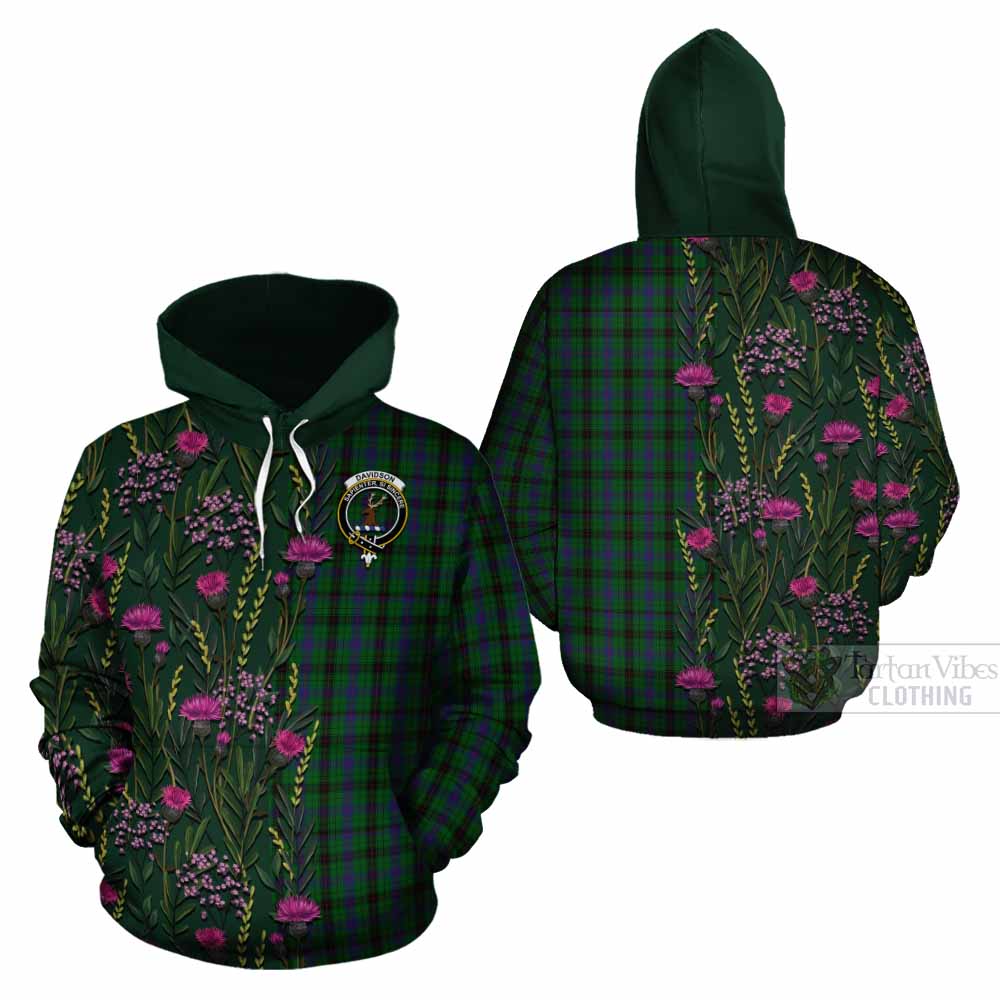 Davidson Family Crest Tartan Cotton Hoodie Scottish Thistle Flower Pattern Half Style - Tartan Vibes Clothing