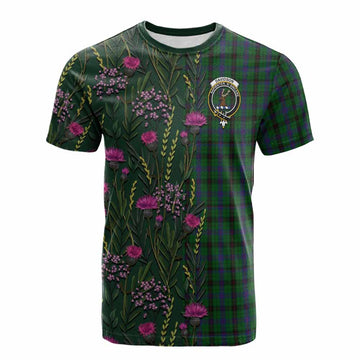 Davidson Family Crest Tartan Cotton T-shirt Scottish Thistle Flower Pattern Half Style