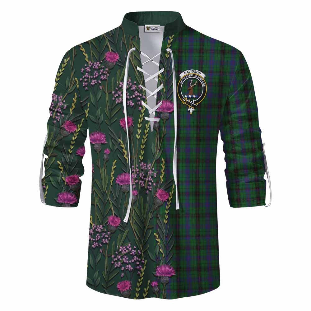 Davidson Family Crest Tartan Ghillie Shirt Scottish Thistle Flower Pattern Half Style - Tartan Vibes Clothing