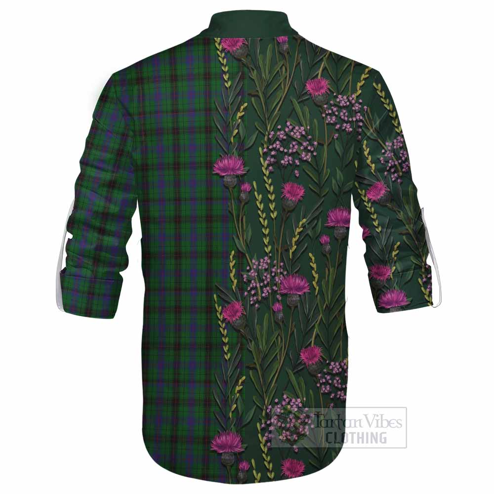 Davidson Family Crest Tartan Ghillie Shirt Scottish Thistle Flower Pattern Half Style - Tartan Vibes Clothing