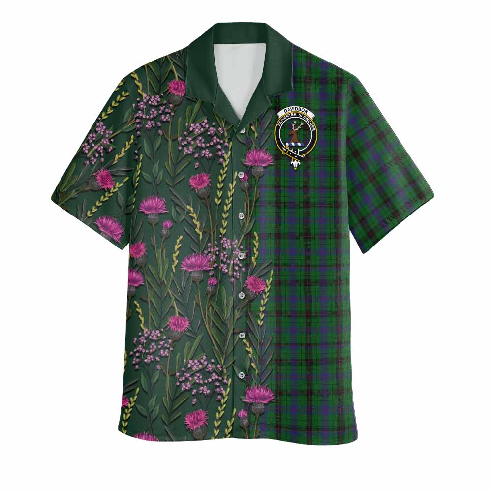 Davidson Family Crest Tartan Hawaiian Shirt Scottish Thistle Flower Pattern Half Style - Tartan Vibes Clothing