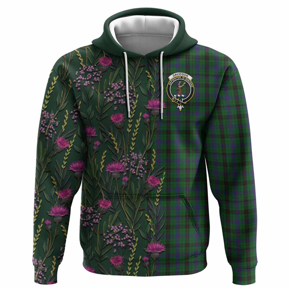 Davidson Family Crest Tartan Hoodie Scottish Thistle Flower Pattern Half Style - Tartan Vibes Clothing