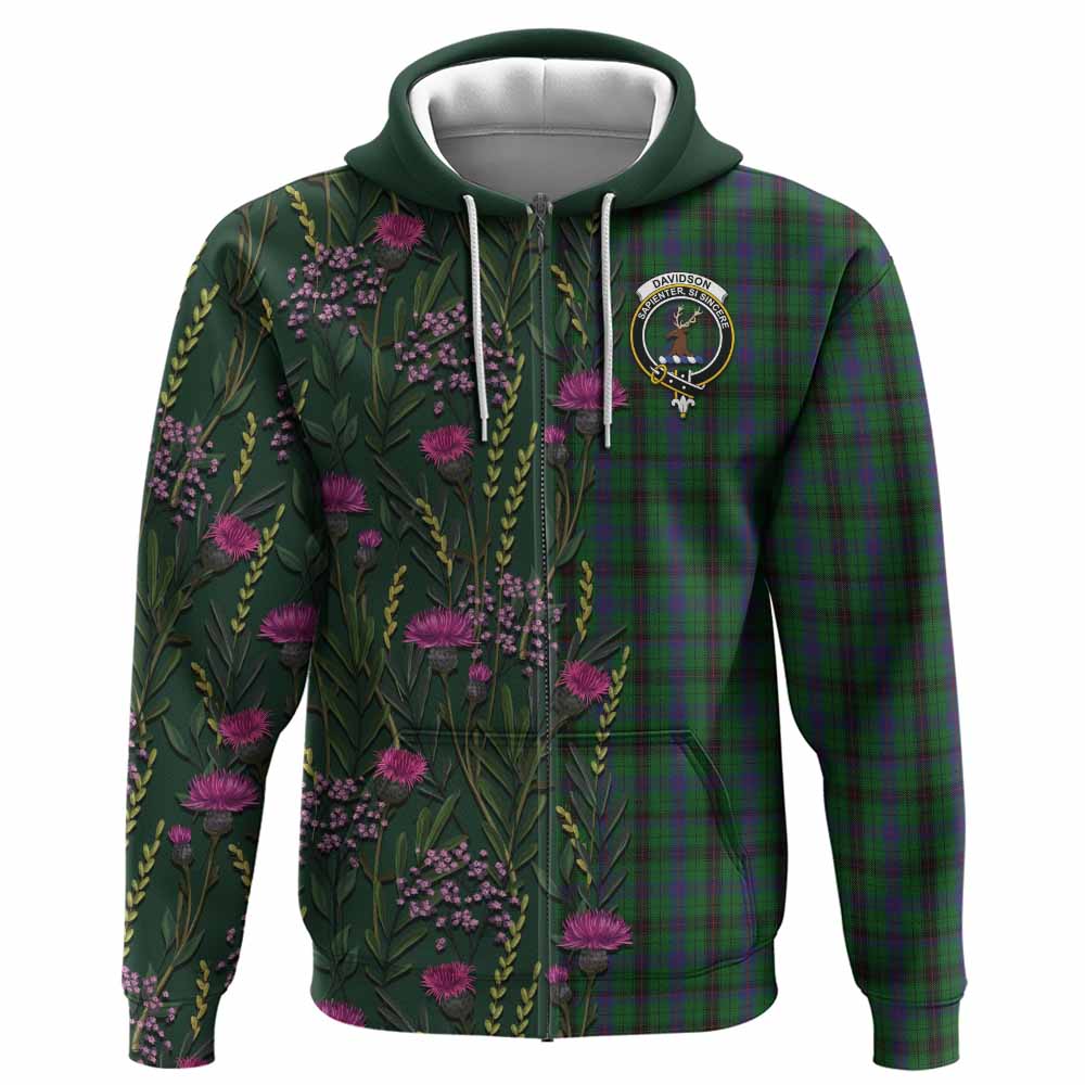 Davidson Family Crest Tartan Hoodie Scottish Thistle Flower Pattern Half Style - Tartan Vibes Clothing