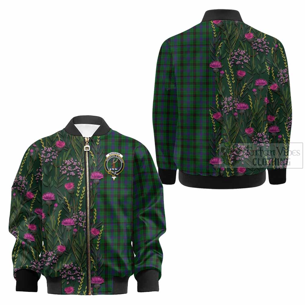 Davidson Family Crest Tartan Kid Bomber Jacket Scottish Thistle Flower Pattern Half Style - Tartan Vibes Clothing