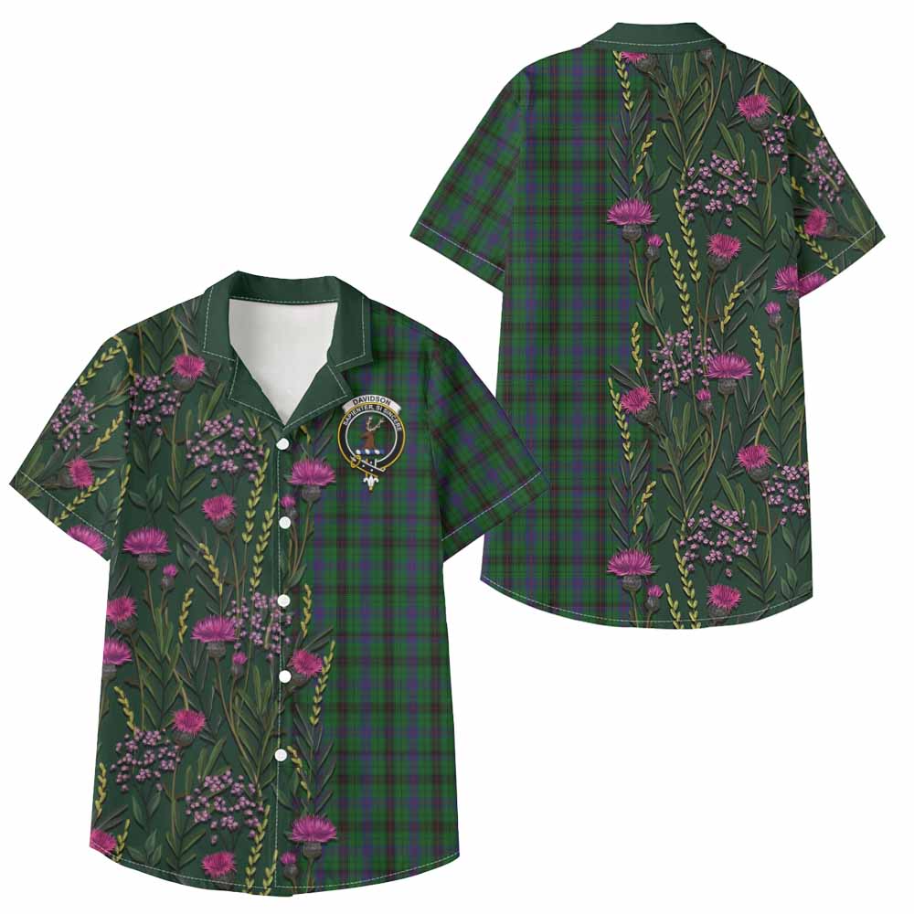 Davidson Family Crest Tartan Kid Hawaiian Shirt Scottish Thistle Flower Pattern Half Style - Tartan Vibes Clothing