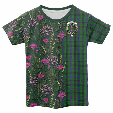 Davidson Family Crest Tartan Kid T-shirt Scottish Thistle Flower Pattern Half Style - Tartan Vibes Clothing