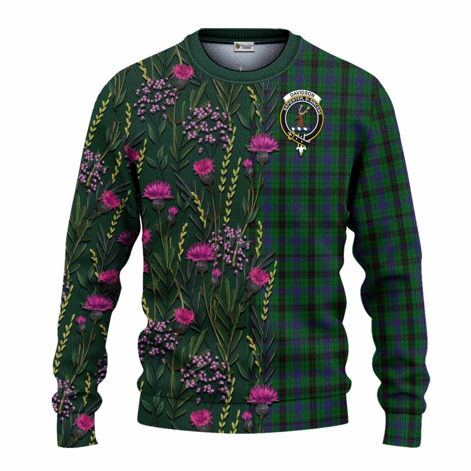 Davidson Family Crest Tartan Knitted Sweater Scottish Thistle Flower Pattern Half Style - Tartan Vibes Clothing