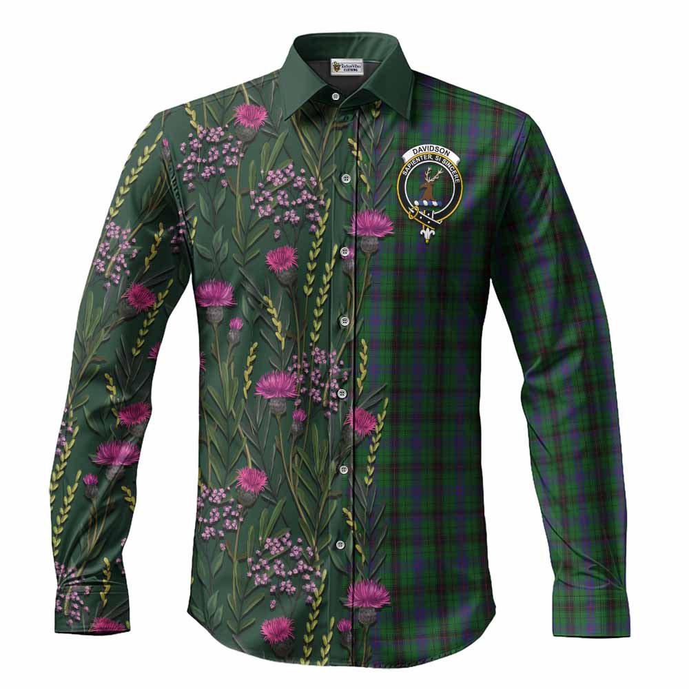Davidson Family Crest Tartan Long Sleeve Button Shirts Scottish Thistle Flower Pattern Half Style - Tartan Vibes Clothing