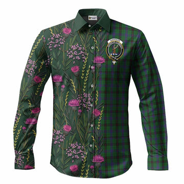 Davidson Family Crest Tartan Long Sleeve Button Shirts Scottish Thistle Flower Pattern Half Style
