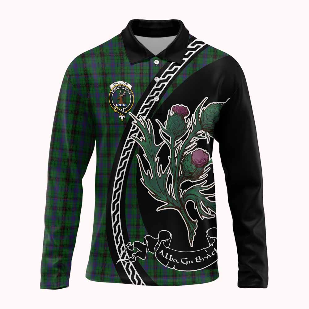 Davidson Family Crest Tartan Long Sleeve Polo Shirt Alba Thistle Inspired - Tartan Vibes Clothing