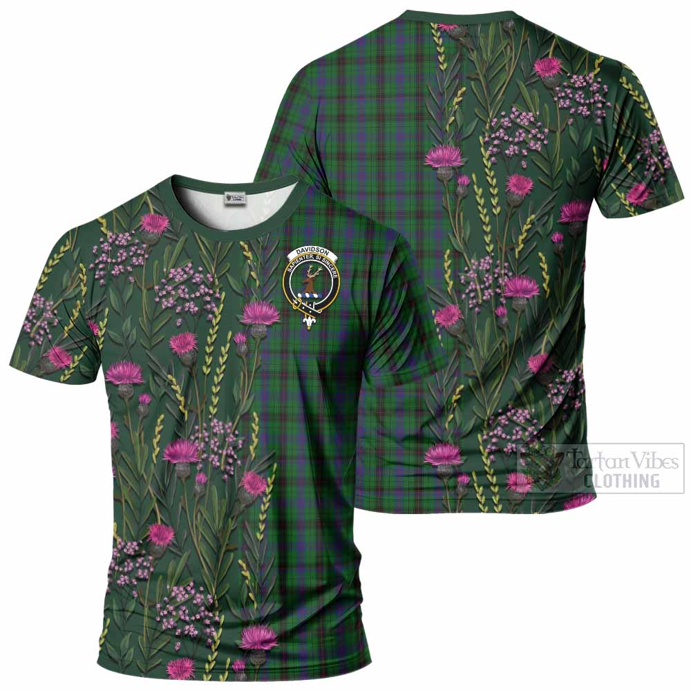 Davidson Family Crest Tartan T-Shirt Scottish Thistle Flower Pattern Half Style - Tartan Vibes Clothing