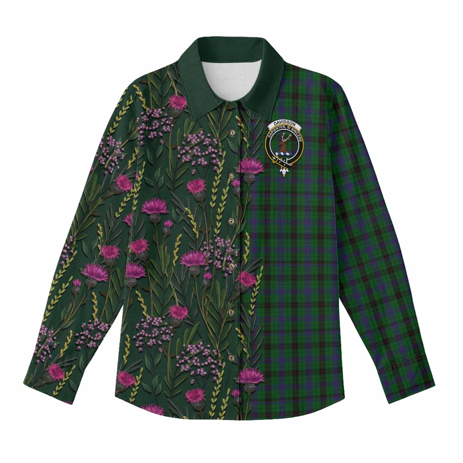 Davidson Family Crest Tartan Women Casual Shirt Scottish Thistle Flower Pattern Half Style - Tartan Vibes Clothing
