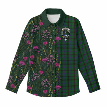 Davidson Family Crest Tartan Women Casual Shirt Scottish Thistle Flower Pattern Half Style - Tartan Vibes Clothing