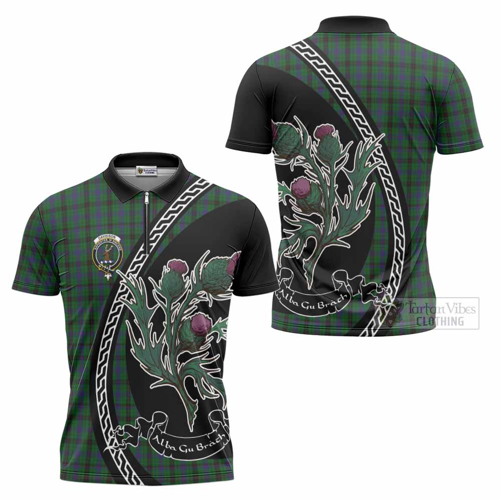 Davidson Family Crest Tartan Zipper Polo Shirt Alba Thistle Inspired - Tartan Vibes Clothing