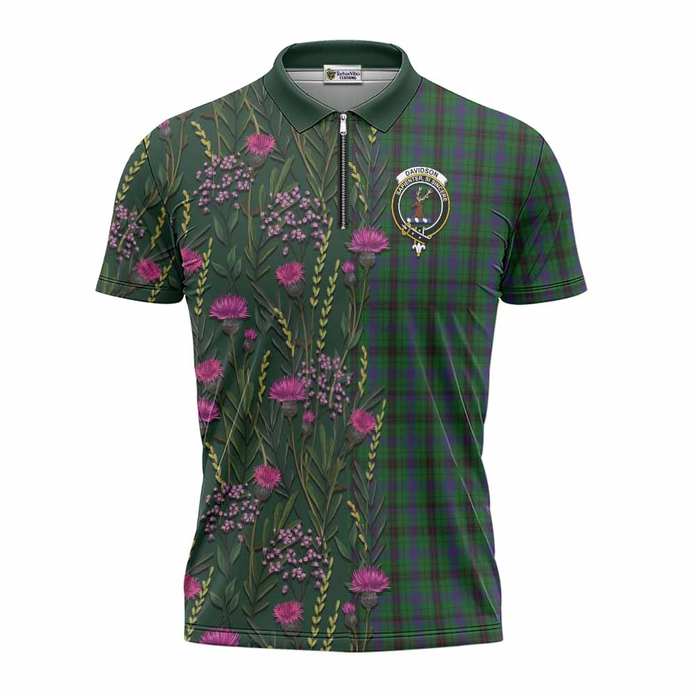 Davidson Family Crest Tartan Zipper Polo Shirt Scottish Thistle Flower Pattern Half Style - Tartan Vibes Clothing