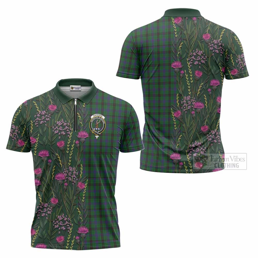 Davidson Family Crest Tartan Zipper Polo Shirt Scottish Thistle Flower Pattern Half Style - Tartan Vibes Clothing
