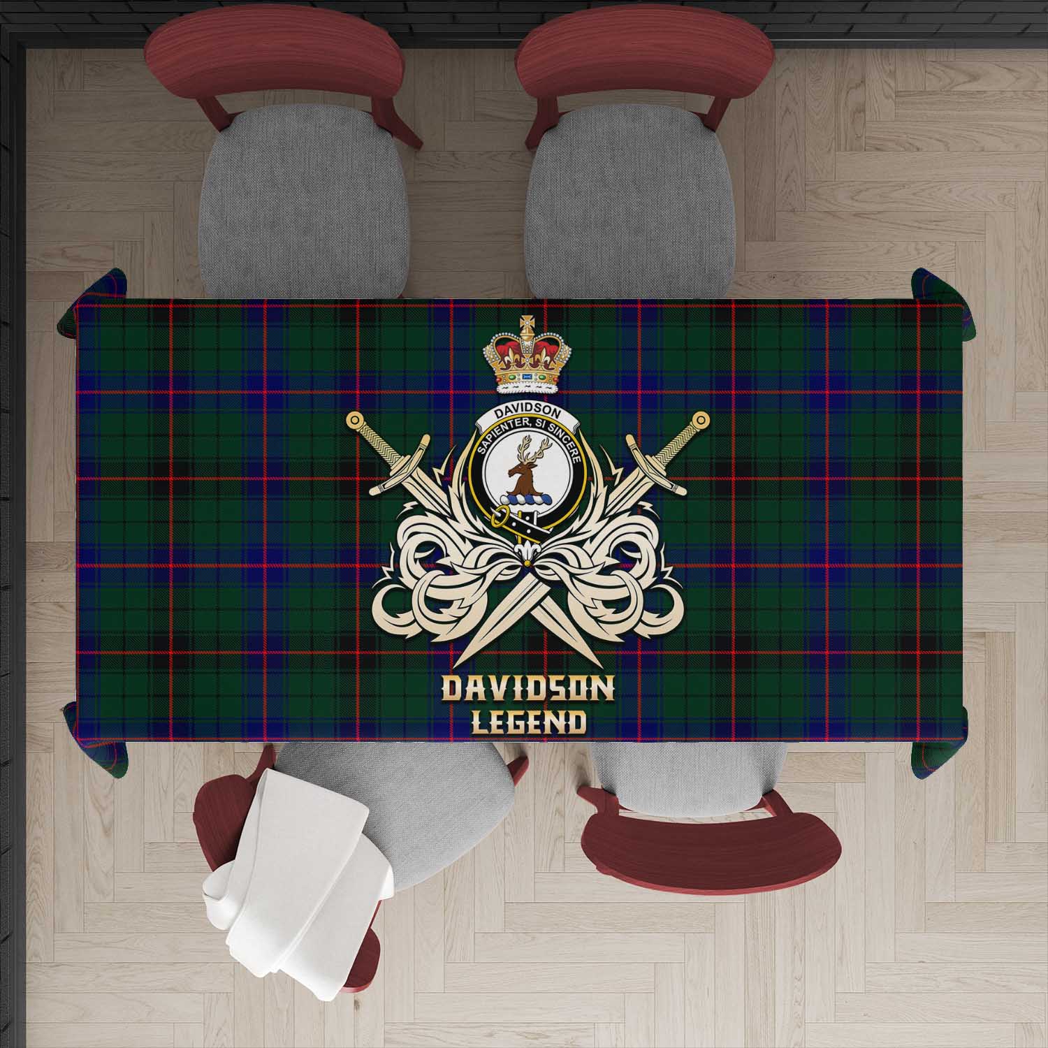 Tartan Vibes Clothing Davidson Modern Tartan Tablecloth with Clan Crest and the Golden Sword of Courageous Legacy