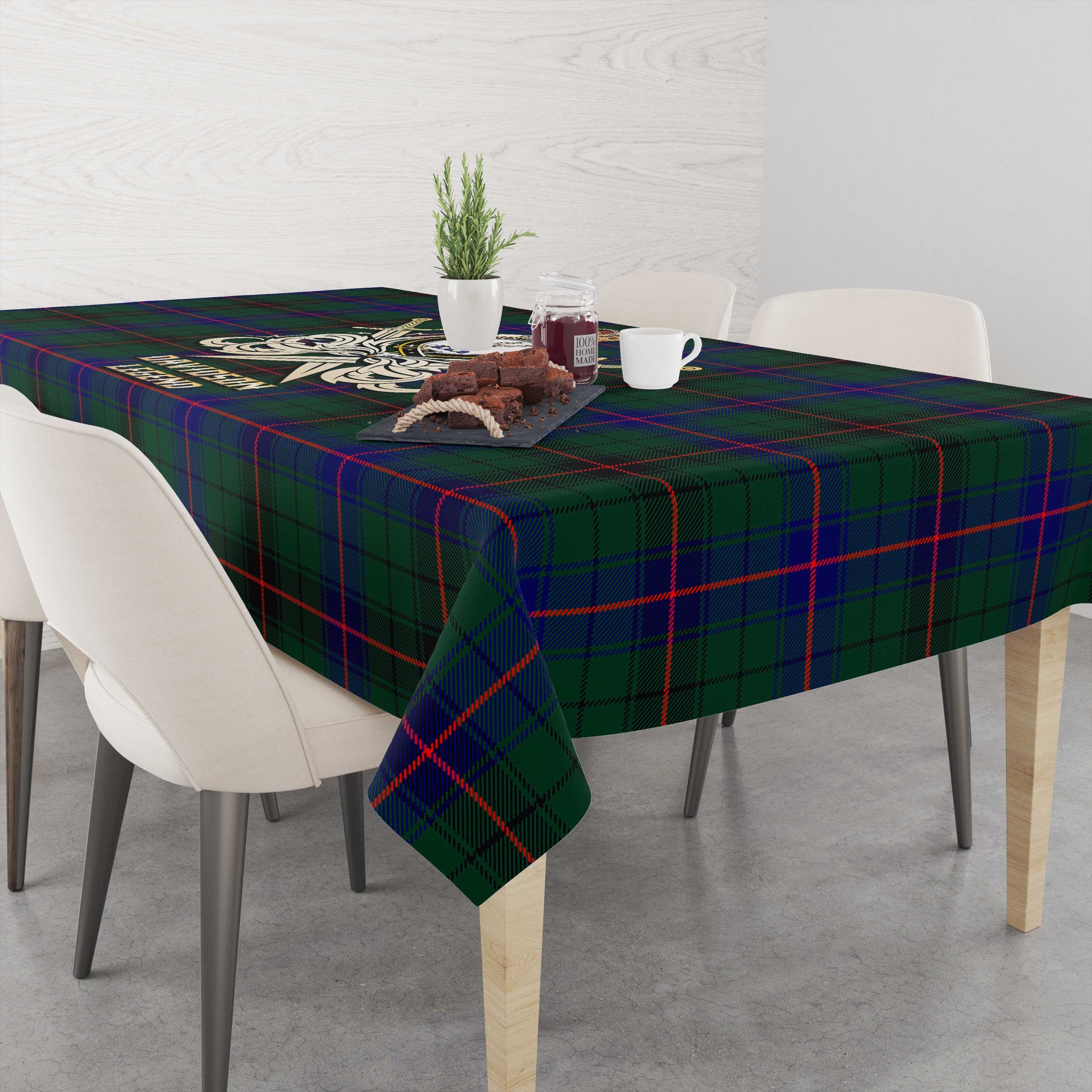 Tartan Vibes Clothing Davidson Modern Tartan Tablecloth with Clan Crest and the Golden Sword of Courageous Legacy
