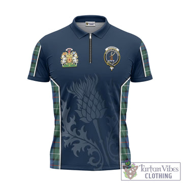 Davidson of Tulloch Tartan Zipper Polo Shirt with Family Crest and Scottish Thistle Vibes Sport Style
