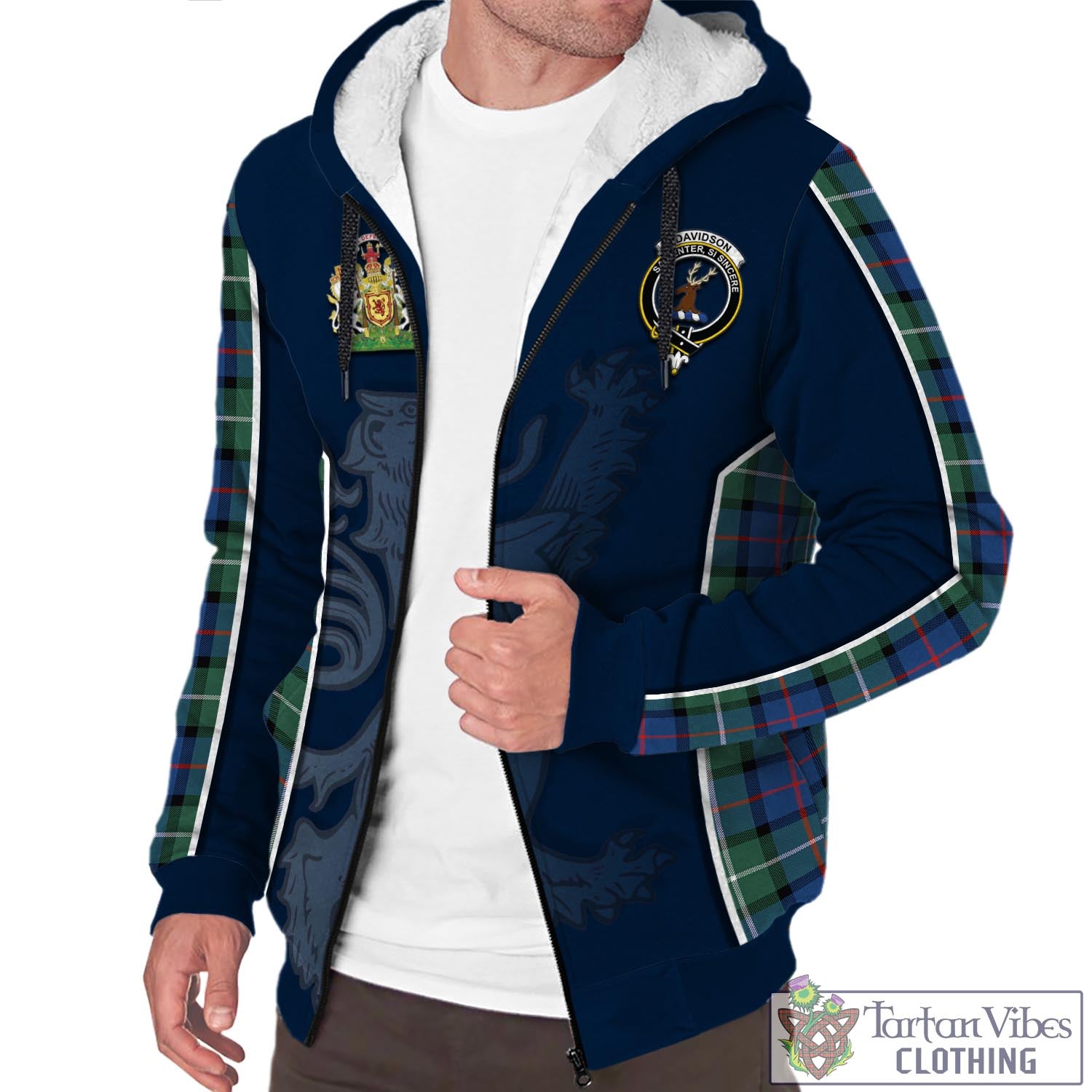 Tartan Vibes Clothing Davidson of Tulloch Tartan Sherpa Hoodie with Family Crest and Lion Rampant Vibes Sport Style