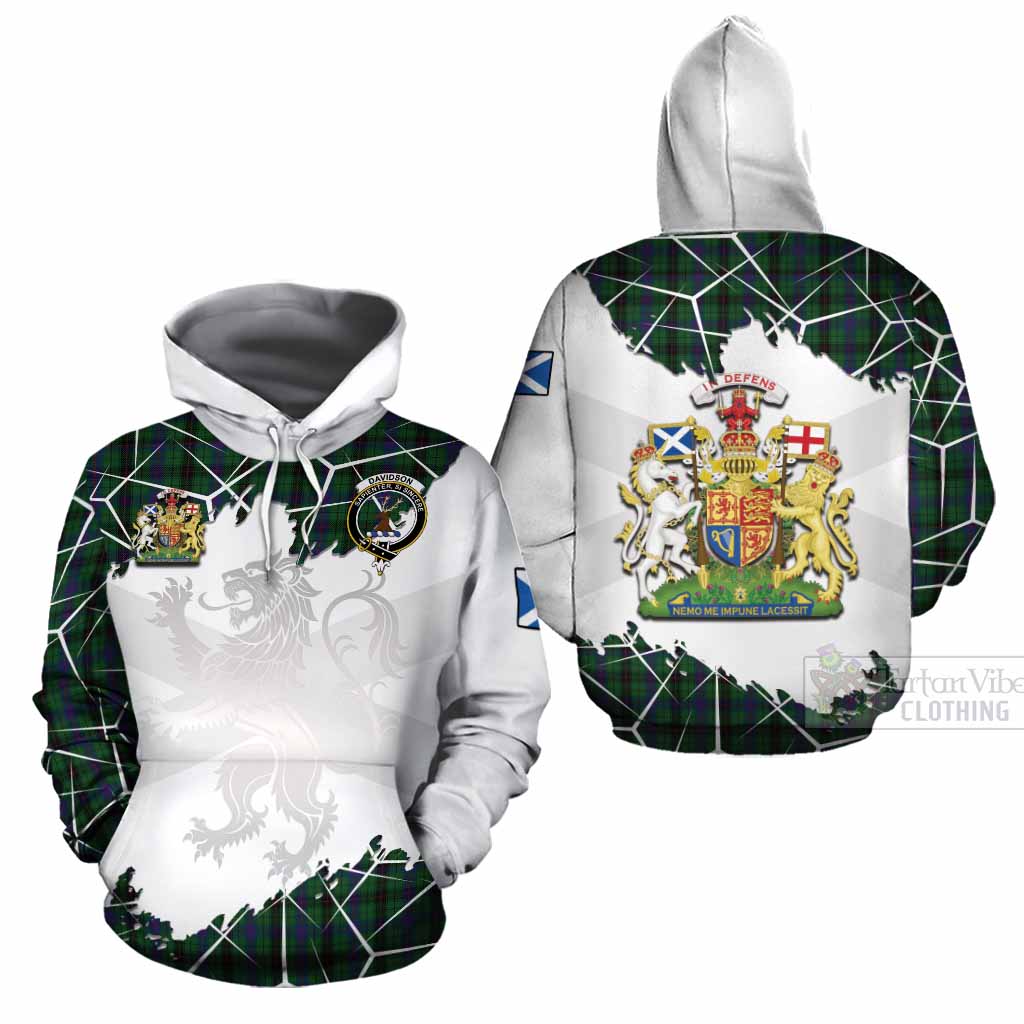 Davidson Tartan Cotton Hoodie with Family Crest and Lion Rampant Grunge Style